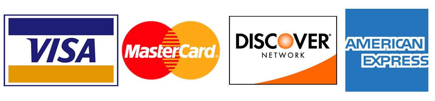Credit Cards Accepted - Visa, Mastercard, American Express, Discover